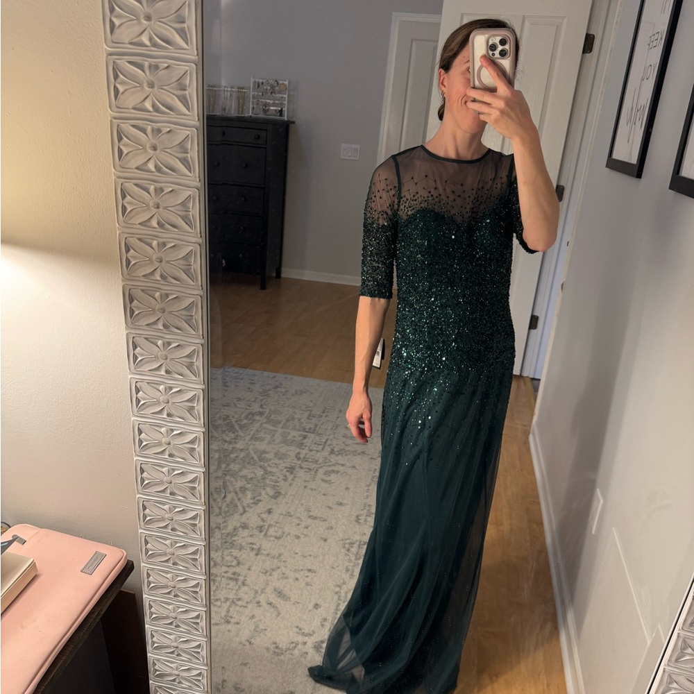 Adrianna Papell Emerald Green Sweetheart Gown with 3/4 Sleeves